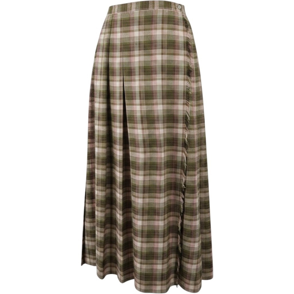 Vintage Susan Bristol Plaid Wrap Maxi Skirt Green Pink Fringe Trim Size 12 USA